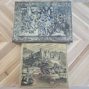 2 Vintage Embossed Tin Boxes - Rembrandt, Old World Castle, Europe, Musketeers